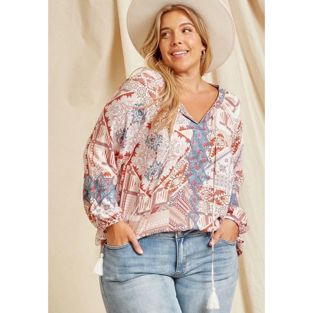 Savanna Jane Patchwork 3X Top New Tassel V Neck Boho Western‎ Blouse